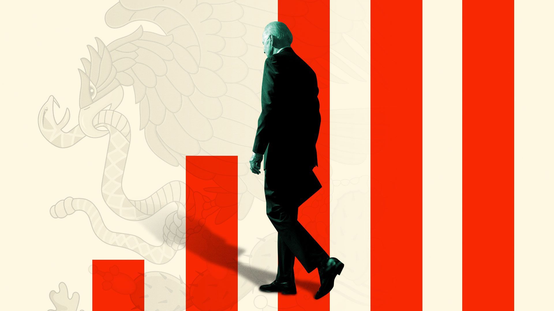 Illustration of President Joe Biden walking towards the Mexican eagle and stripes