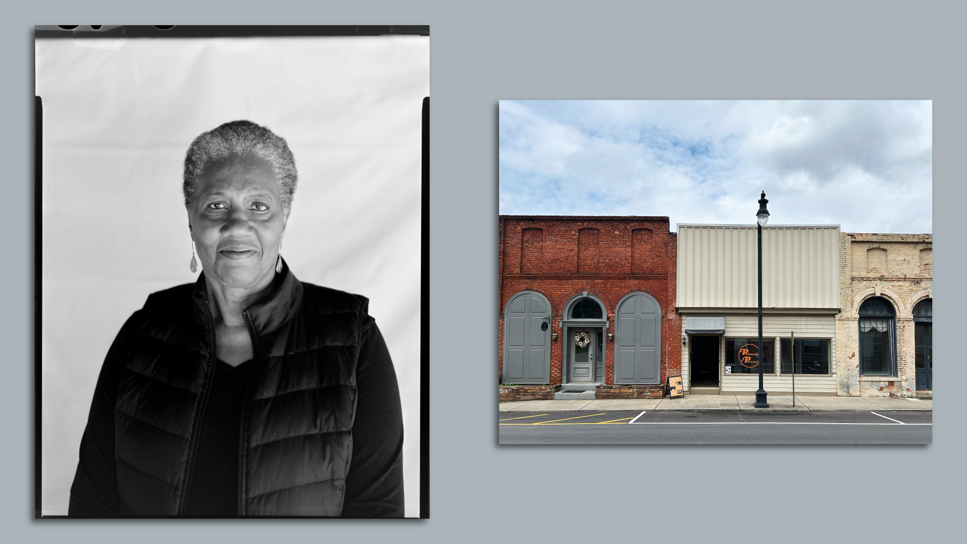 A black and white photo portrait of a women looking at the camera with a calm face. A color photo of a small town historic strorefront with a sign reading "The Palmetto Project"