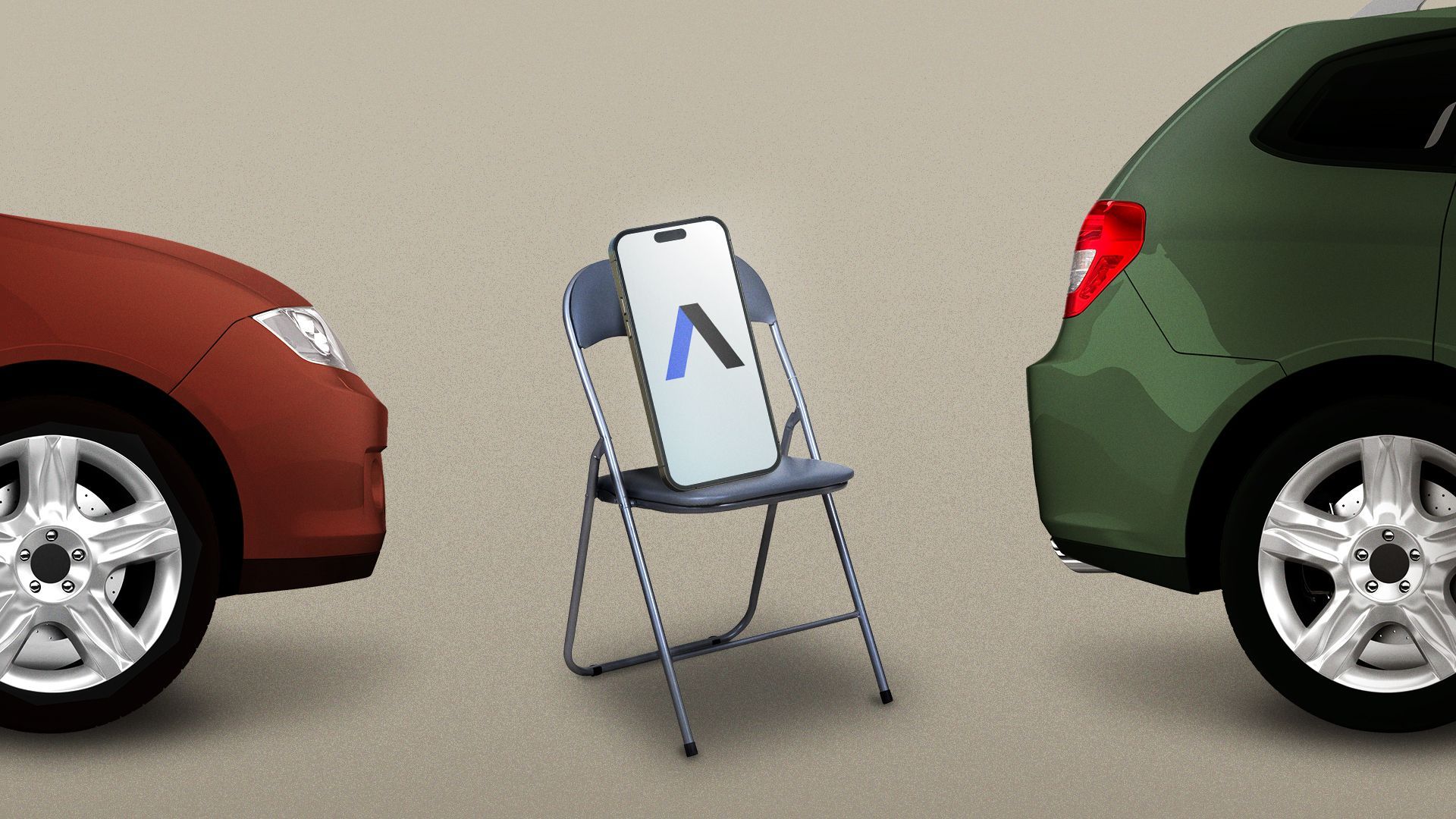 Illustration of a phone sitting on a folding chair in between two. parked cars.