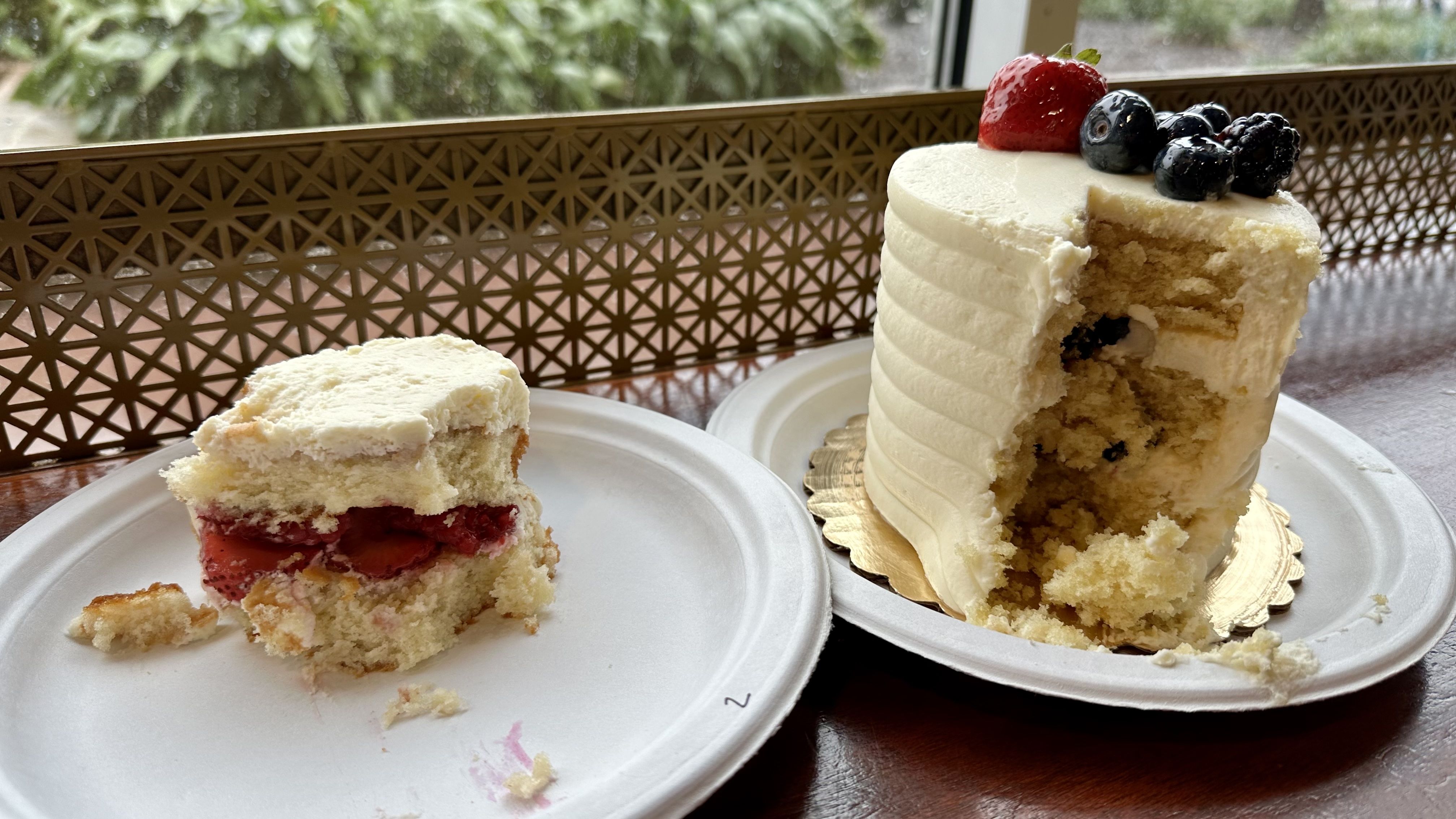Photo shows a slice of berry Chantilly cake and a 4 inch berry Chantilly cake from Whole Foods.