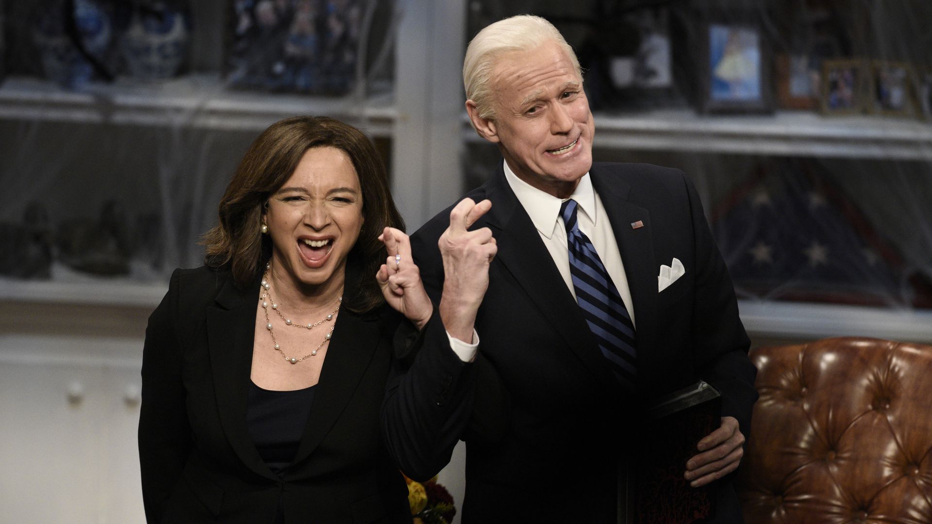Maya Rudolph as Sen. Kamala Harris and Jim Carrey as Democratic presidential candidate Joe Biden on "SNL" 