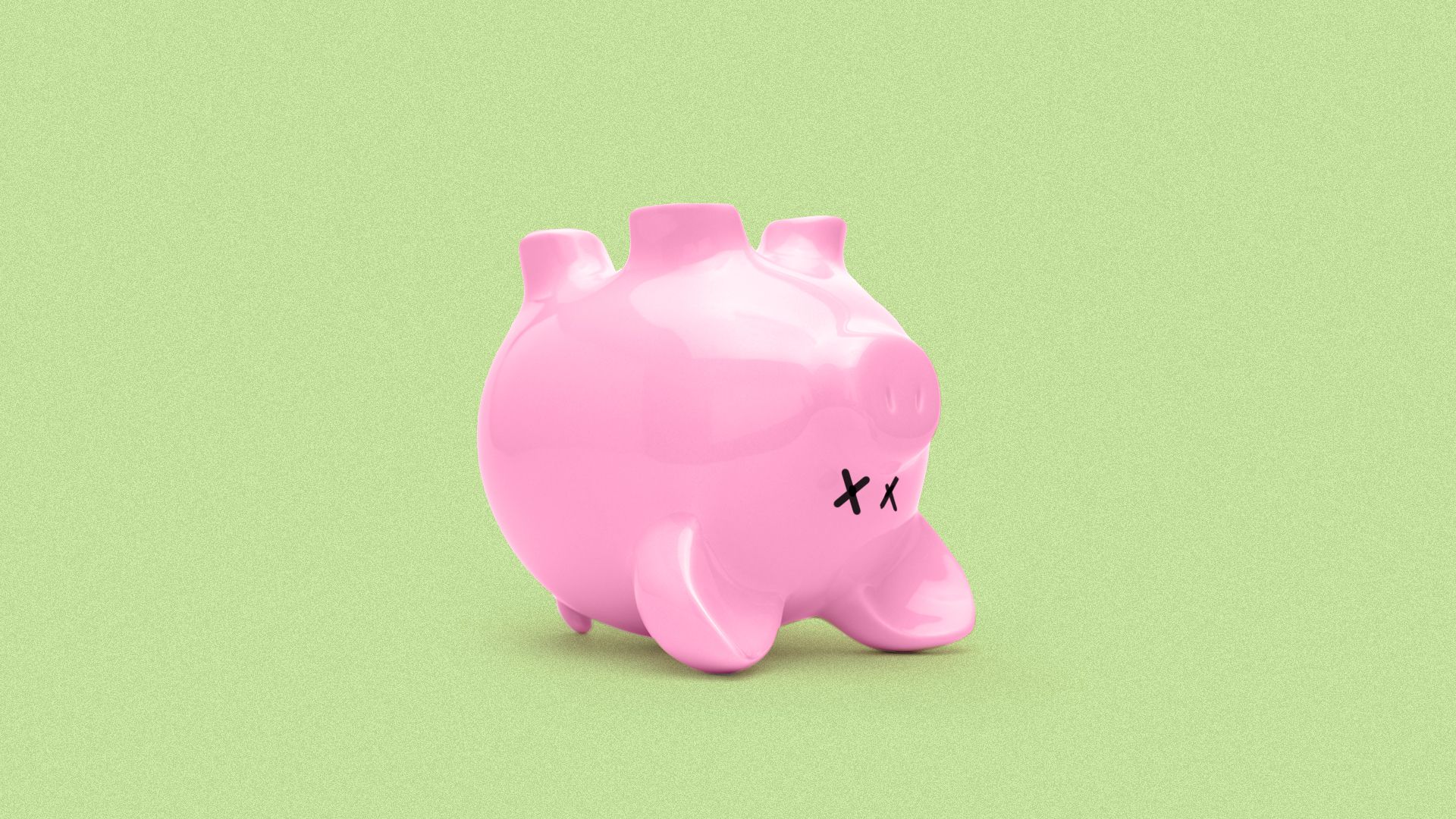 Illustration of a piggy bank on its back with X's for eyes. 