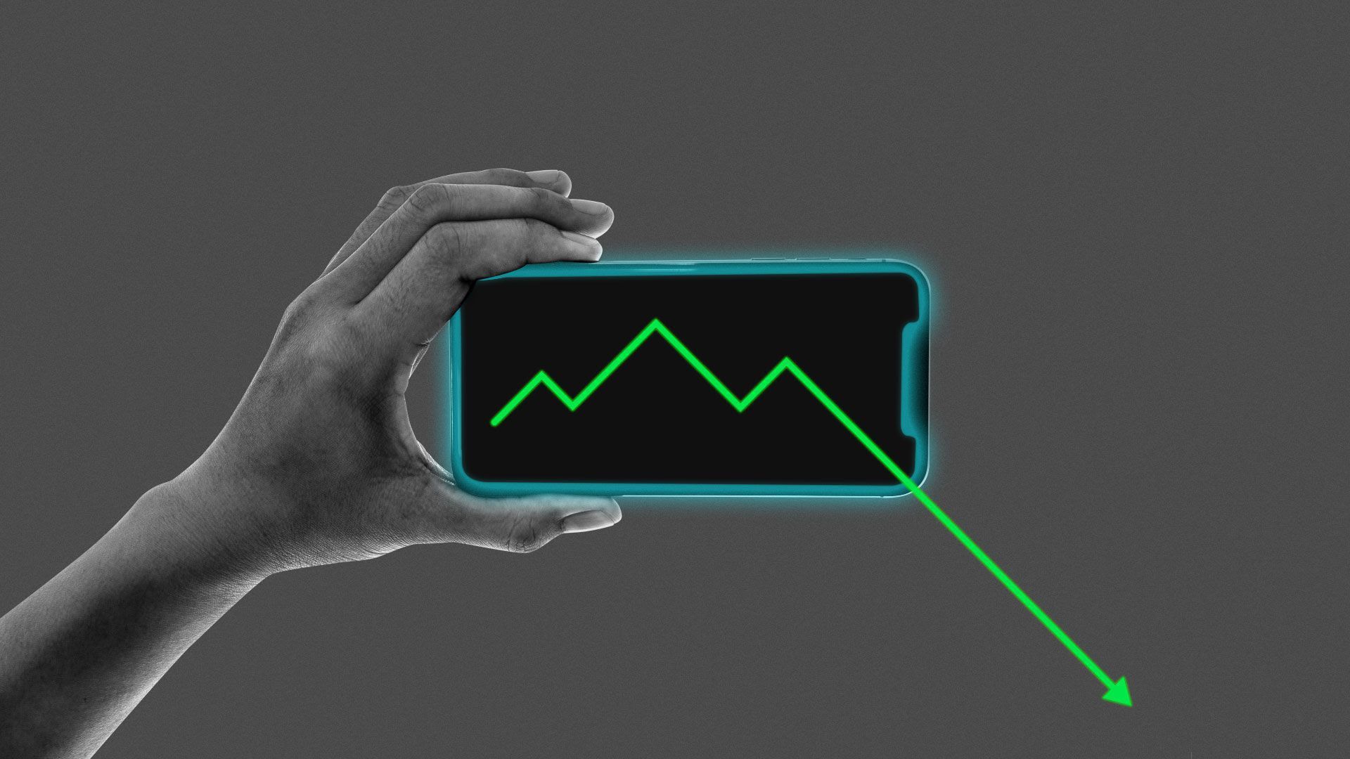 Illustration of a hand holding a smartphone with an arrow pointing down on the screen