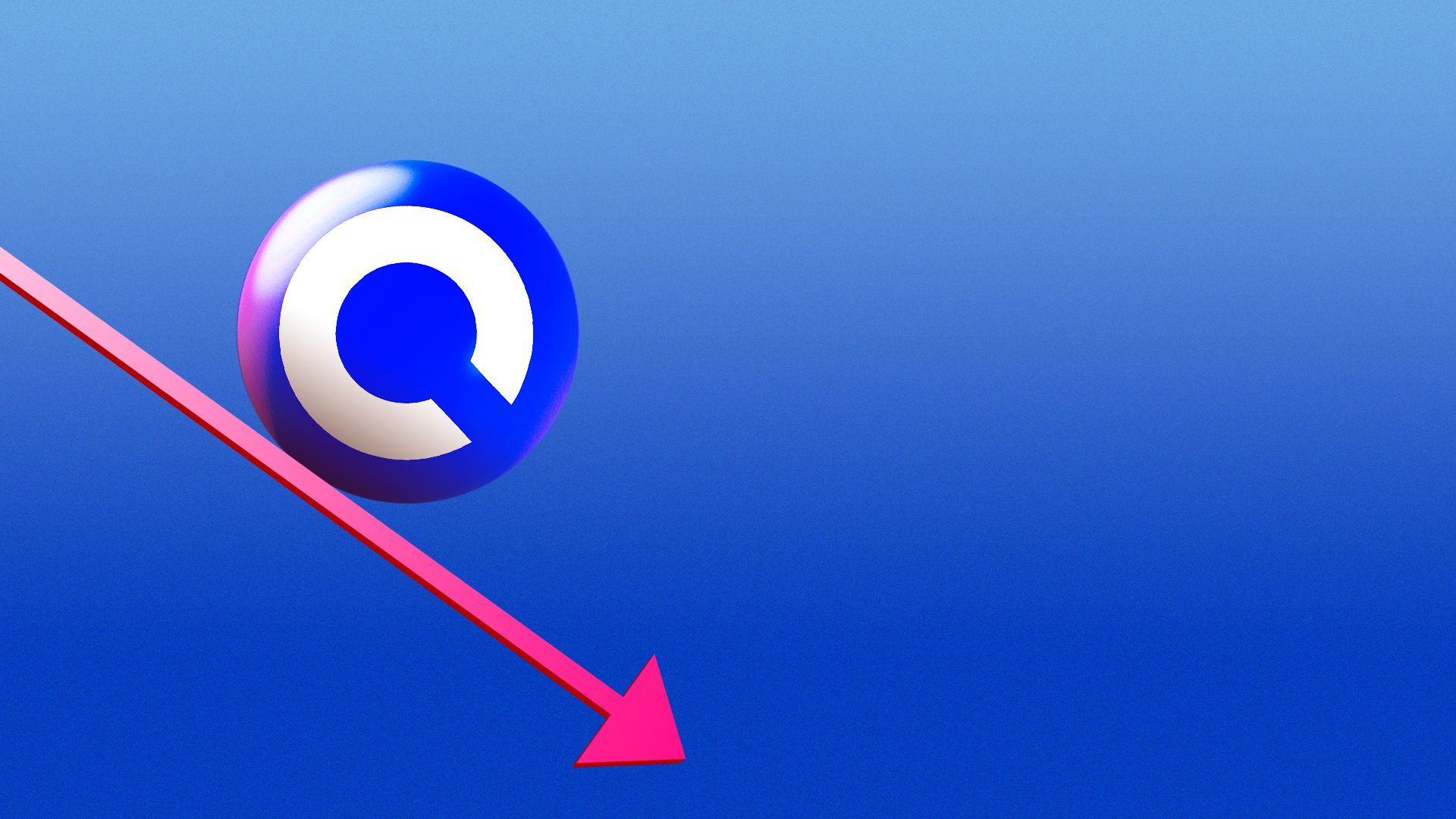 Illustration of a sphere with the Coinbase logo rolling down a downward pointing trend line