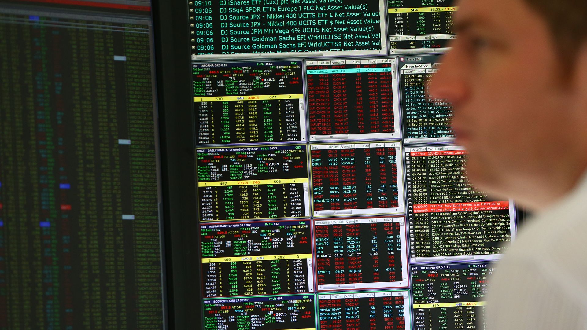 Employee looks at trading screens