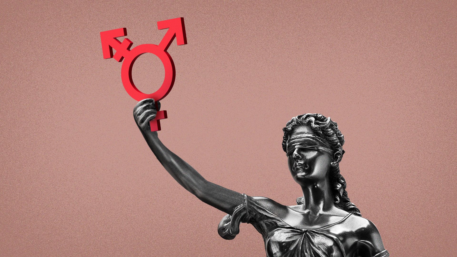 Illustration of the Lady of Justice holding a transgender symbol.