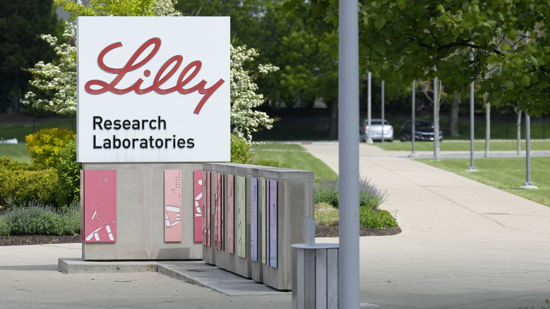 An Eli Lilly sign says "Lilly Research Laboratories" in downtown Indianapolis.