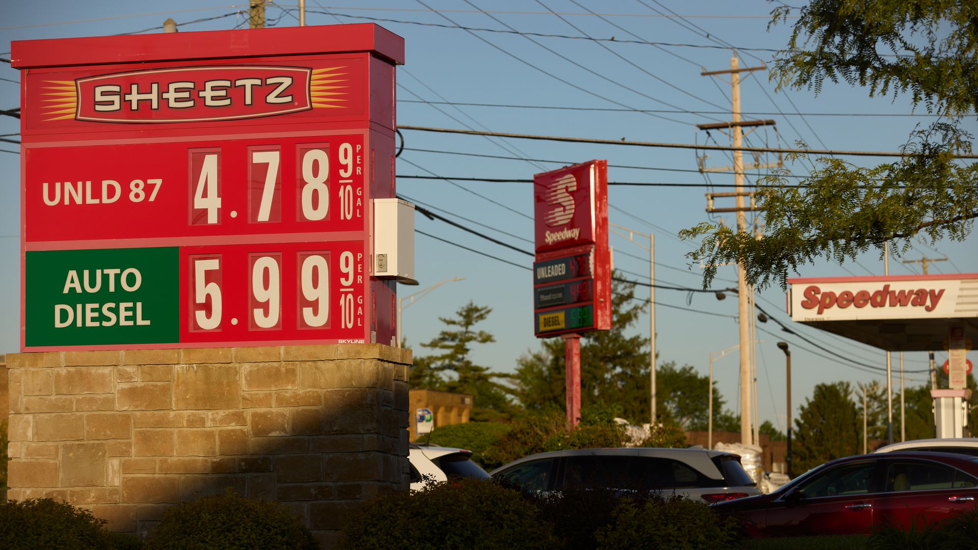 Signs display the prices of unleaded gasoline and diesel fuel at a Sheetz and a neighboring Speedway gas station in Columbus, Ohio, US, on Monday, May 11, 2026.