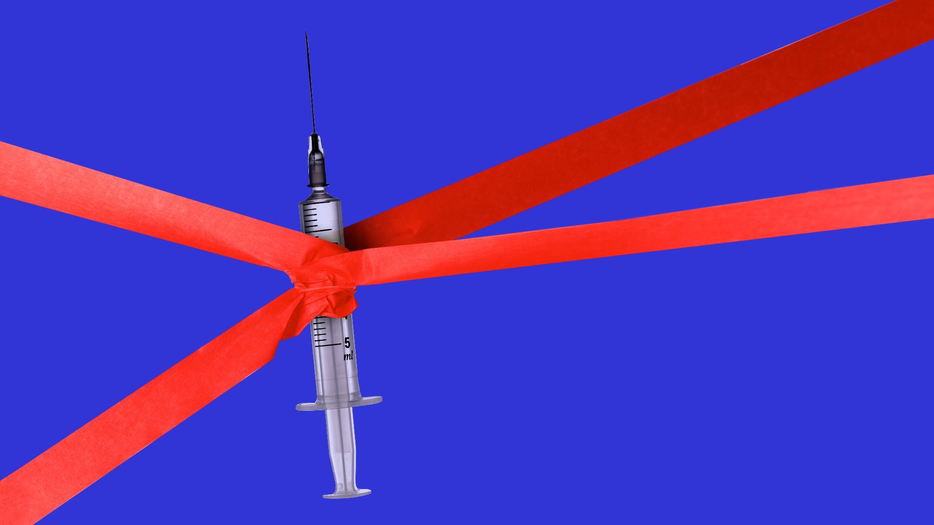 Illustration of a syringe suspended and held up by red tape.  