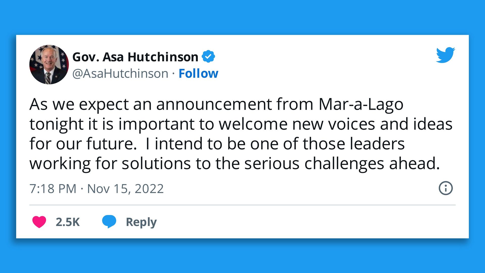 A tweet from Arkansas Gov. Asa Hutchinson. 