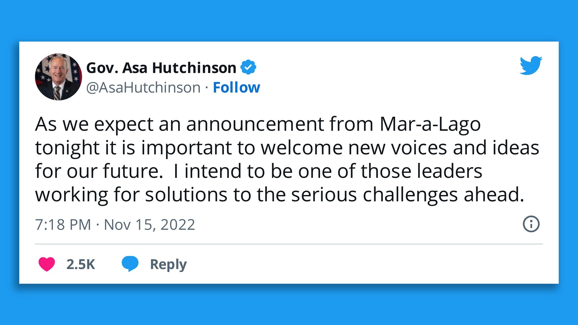 A tweet from Arkansas Gov. Asa Hutchinson.