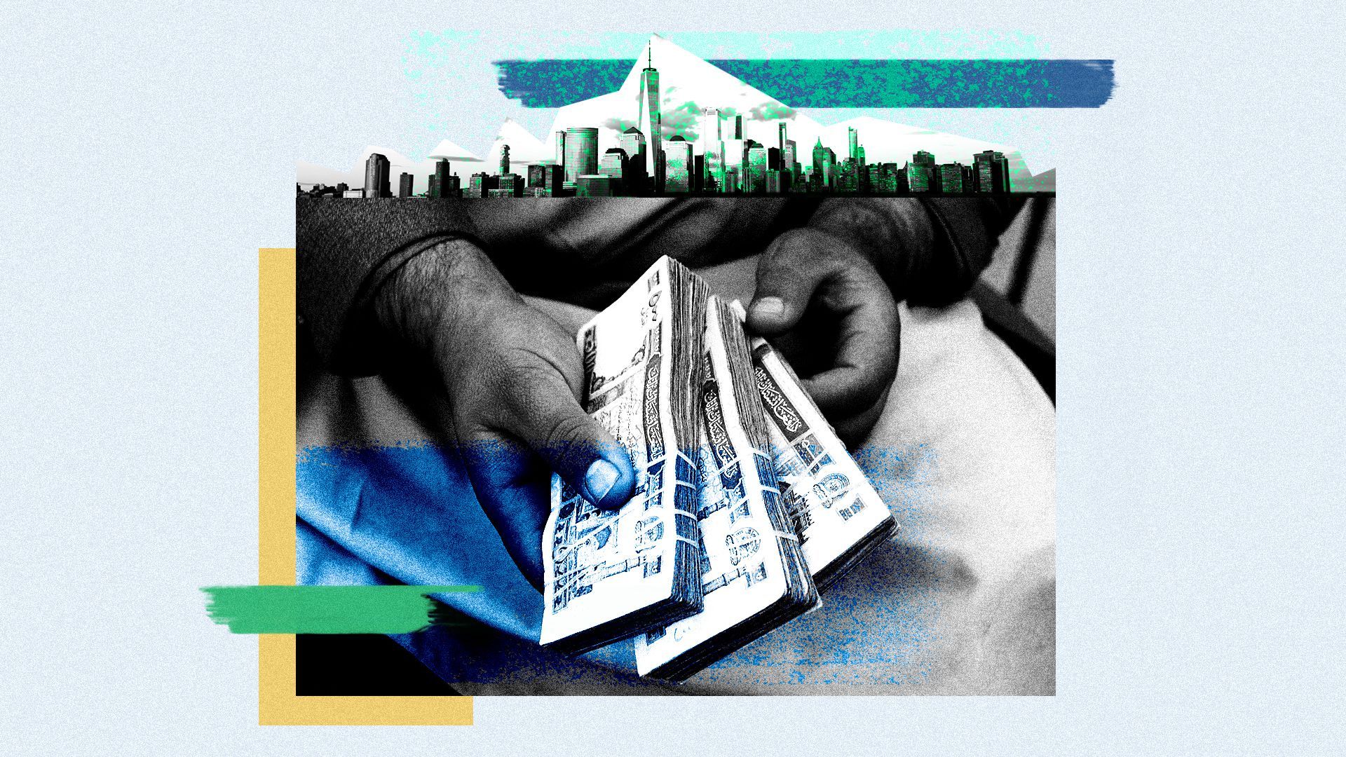 Photo illustration of a man holding Afghani banknotes below a photo os a Manhattan skyline
