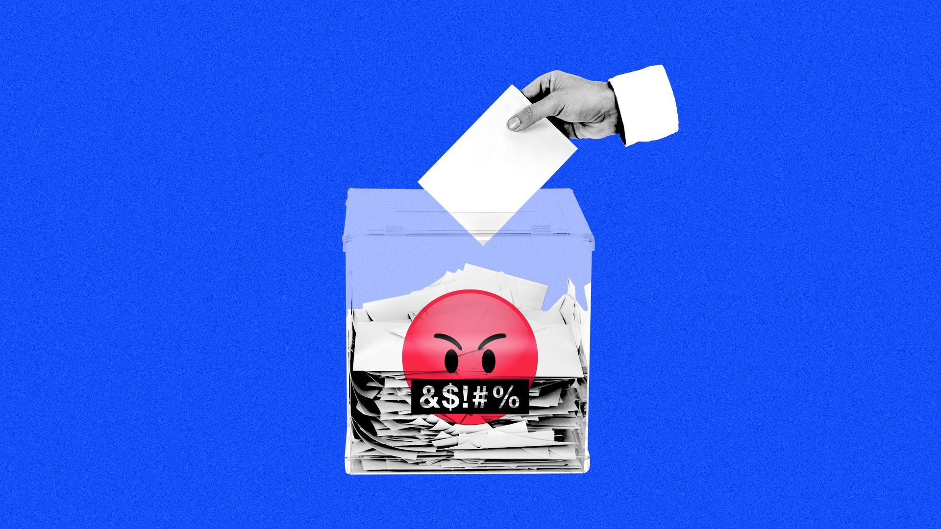 Illustration of a hand putting a message into a complaint box that has a swearing emoji on the front.