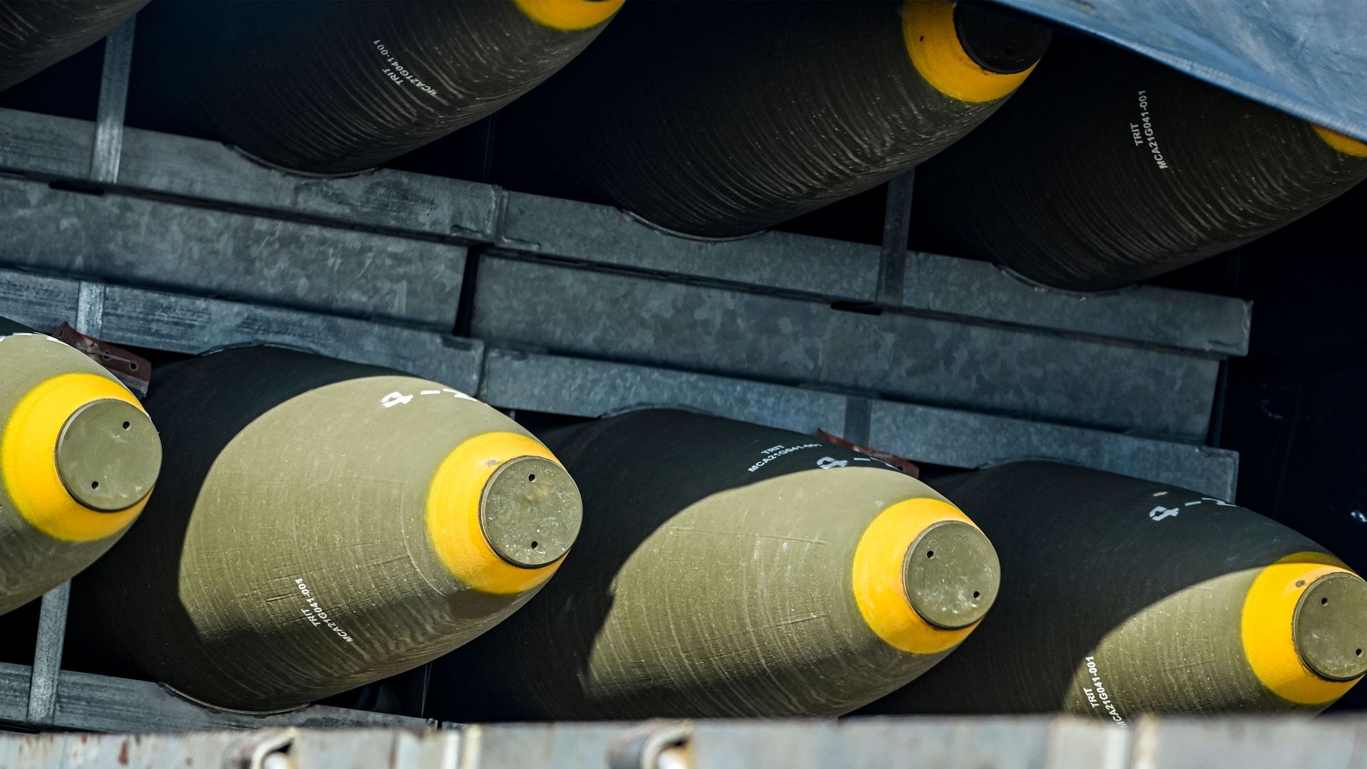 A shipment of 155mm artillery shells used by the Israeli army is transported on a truck along a highway between the Jerusalem and Beersheba in southern Israel on October 14, 2023. (Photo by Yuri CORTEZ / AFP) (Photo by YURI CORTEZ/AFP via Getty Images)