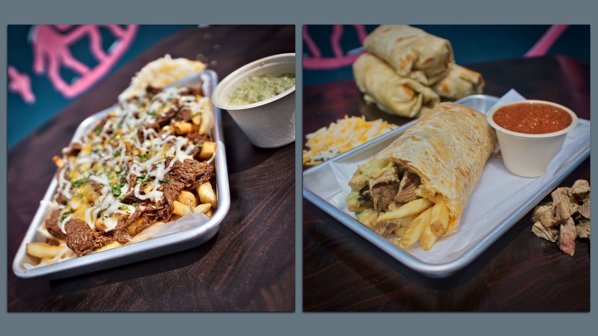 Two-panel photo of Mexican dishes: left panel shows a tray of loaded nachos with beef, cheese, sauces, and a cup of guacamole; right panel features a burrito with sides of salsa, cheese, and taquitos.