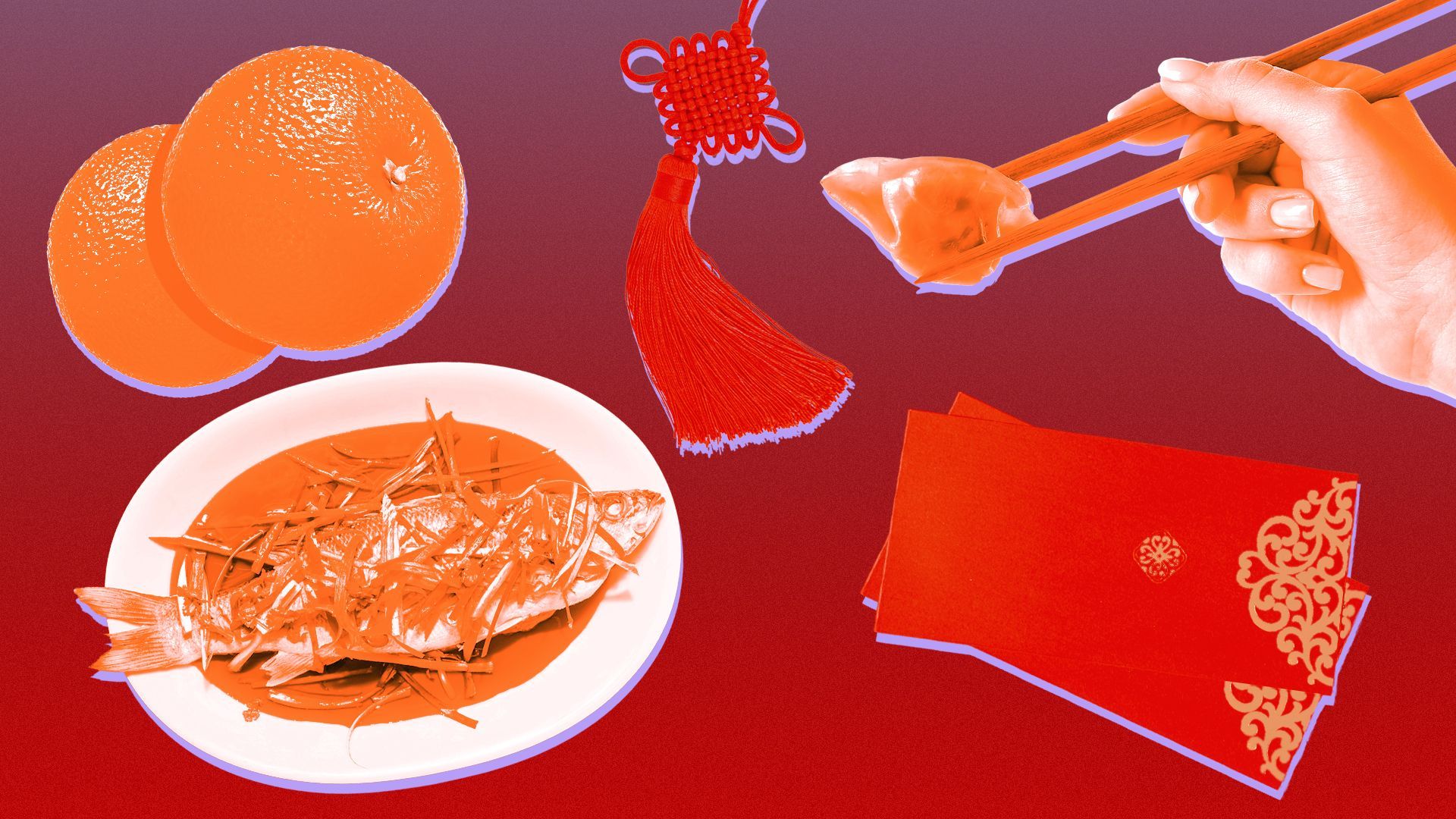 Illustration of Chinese New Year traditions including oranges, sea bass, a dumpling, red envelopes, and a decorative knot