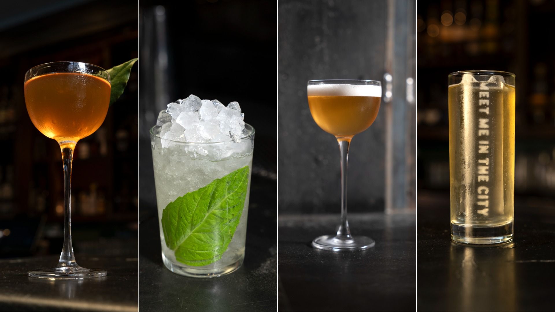 Four cocktails: an amber drink in a coupe with a green leaf, a glass filled with crushed ice and a large green leaf, an amber cocktail with foam in a coupe, and a tall glass with a golden drink with text inside.