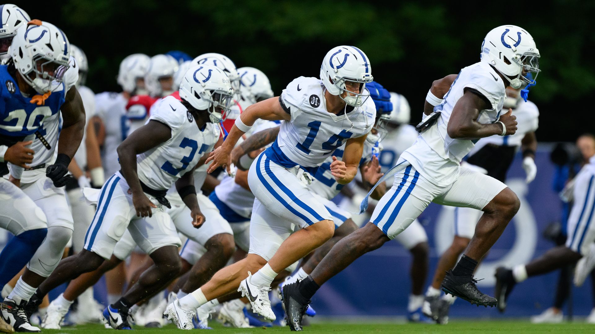 Indianapolis Colts wide receiver Alec Pierce (14) runs through a drill during the Indianapolis Colts training camp practice on July 31, 2025 at the Grand Park Sports Campus in Westfield, IN.