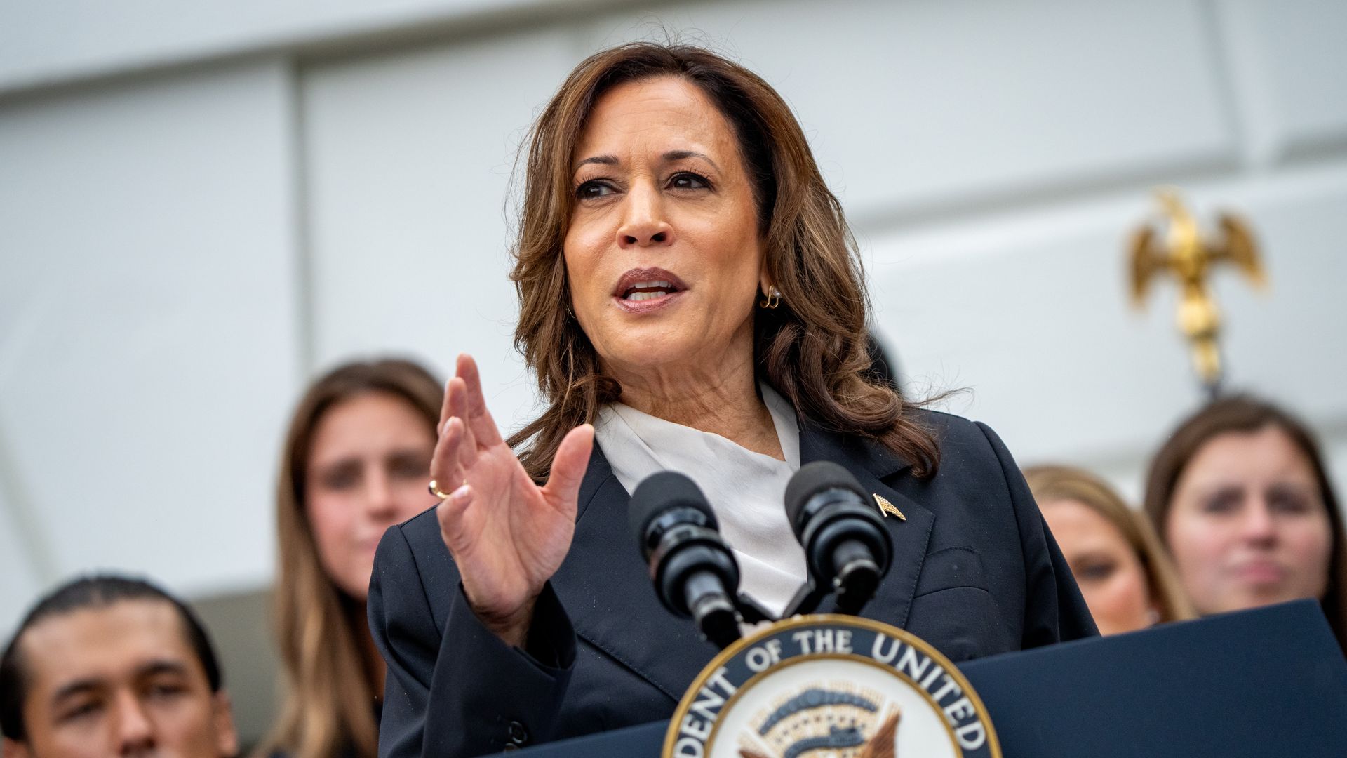 Kamala Harris speaks during an NCAA championship teams celebration on the South Lawn of the White House on July 22, 2024