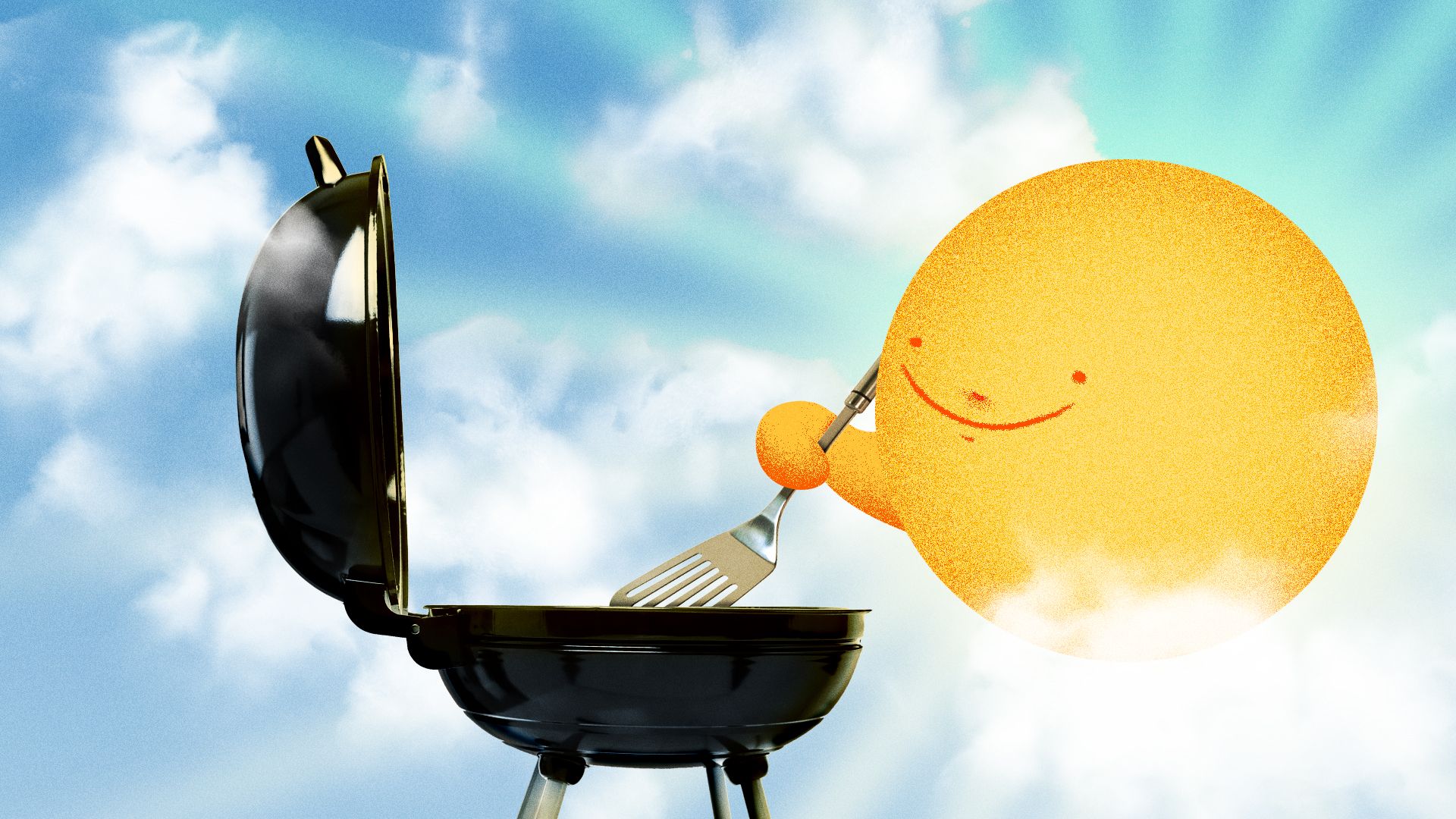 Illustration of a sun barbecuing on the grill.