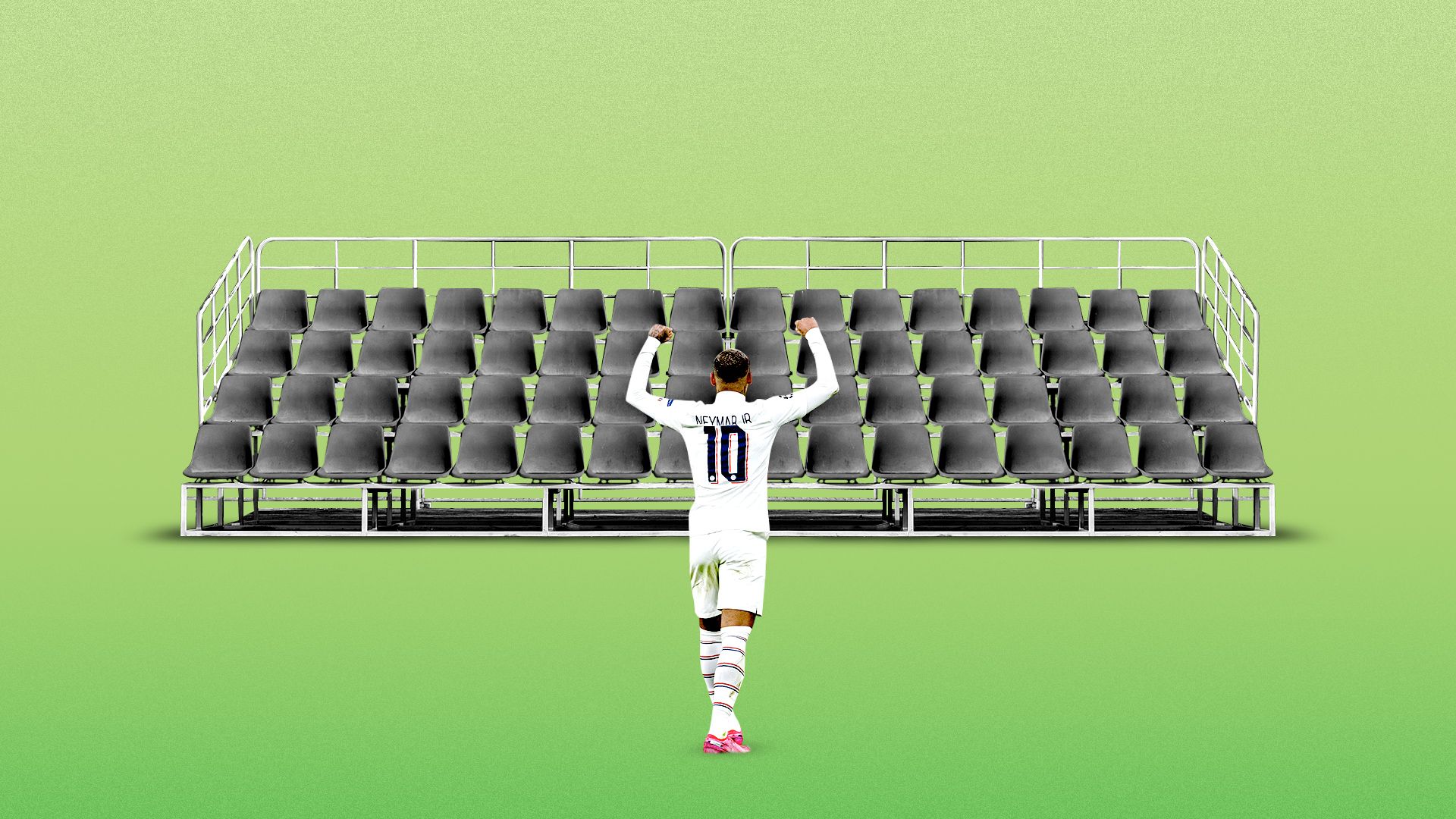 Illustration of Neymar celebrating in front of an empty set of stadium seats