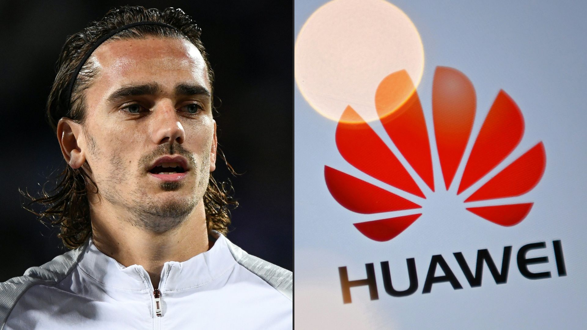 This combination of files pictures created shows France's forward Antoine Griezmann (L) and the logo of Chinese company Huawei in London on July 14, 2020. - 