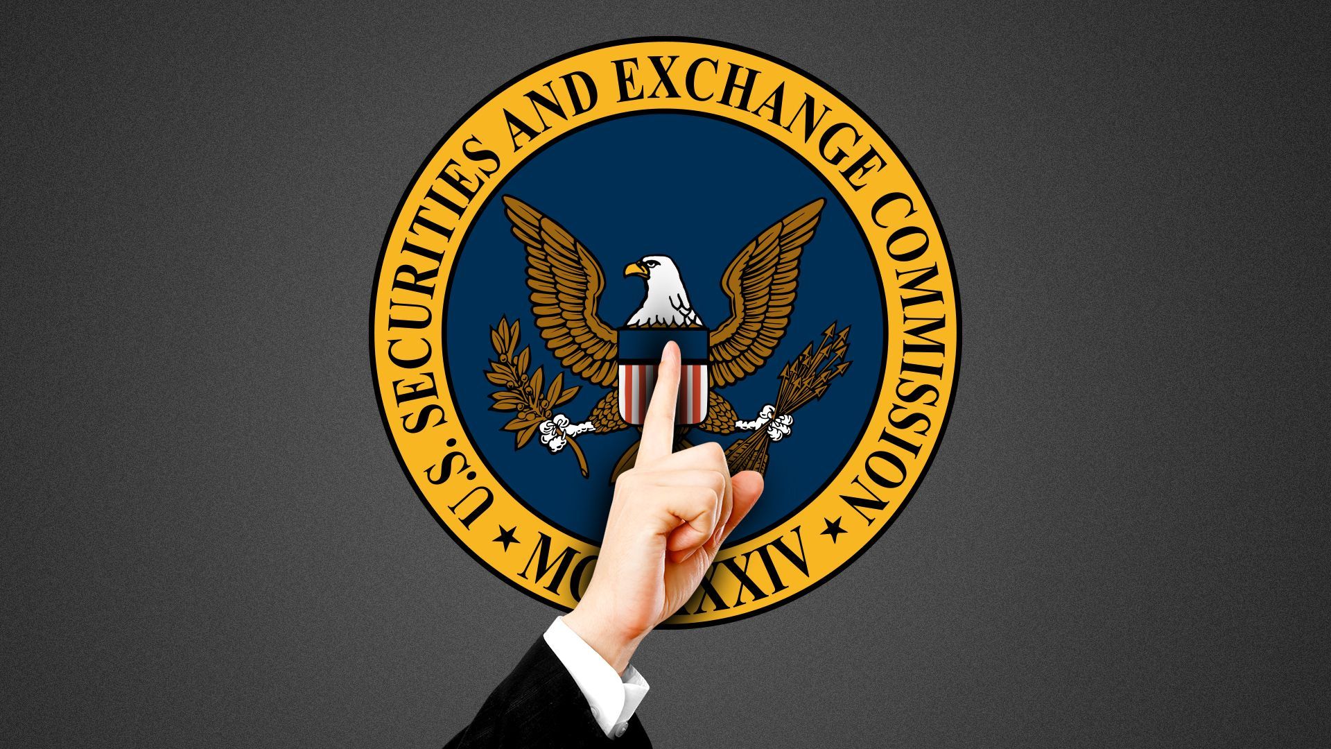 Illustration of the SEC logo with a hand in front making a "shushing" hand motion.