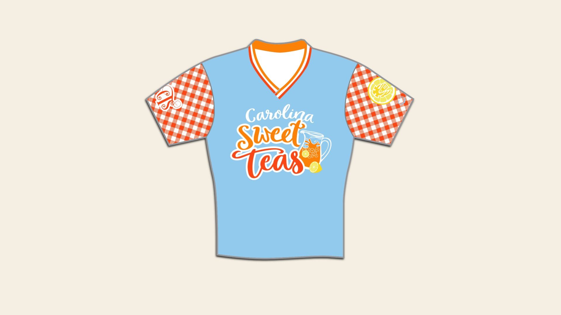 Illustration of a light blue polo with orange collar trim and orange-and-white checkered sleeves, featuring "Carolina Sweet Teas" and a lemon iced-tea pitcher on the front.