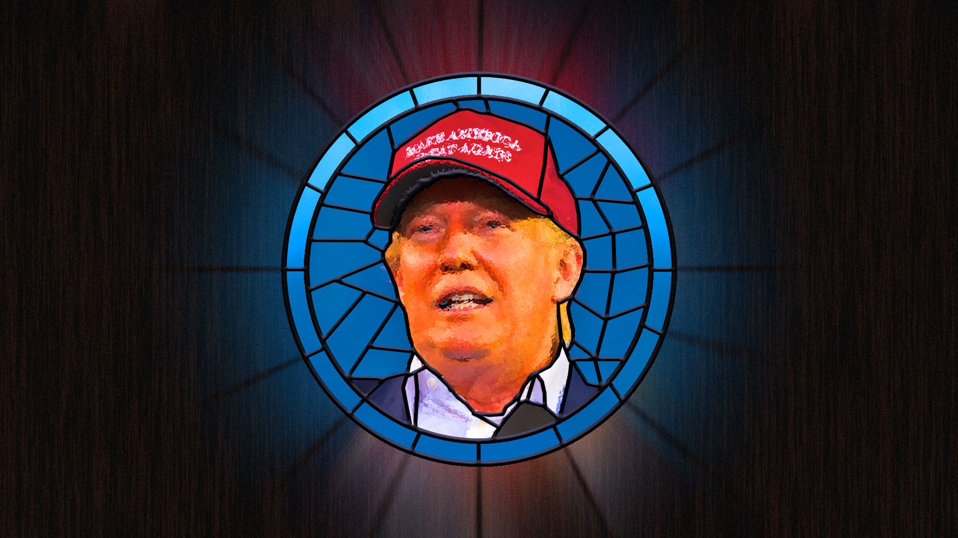 Illustration of a stained glass portrait of Donald Trump.