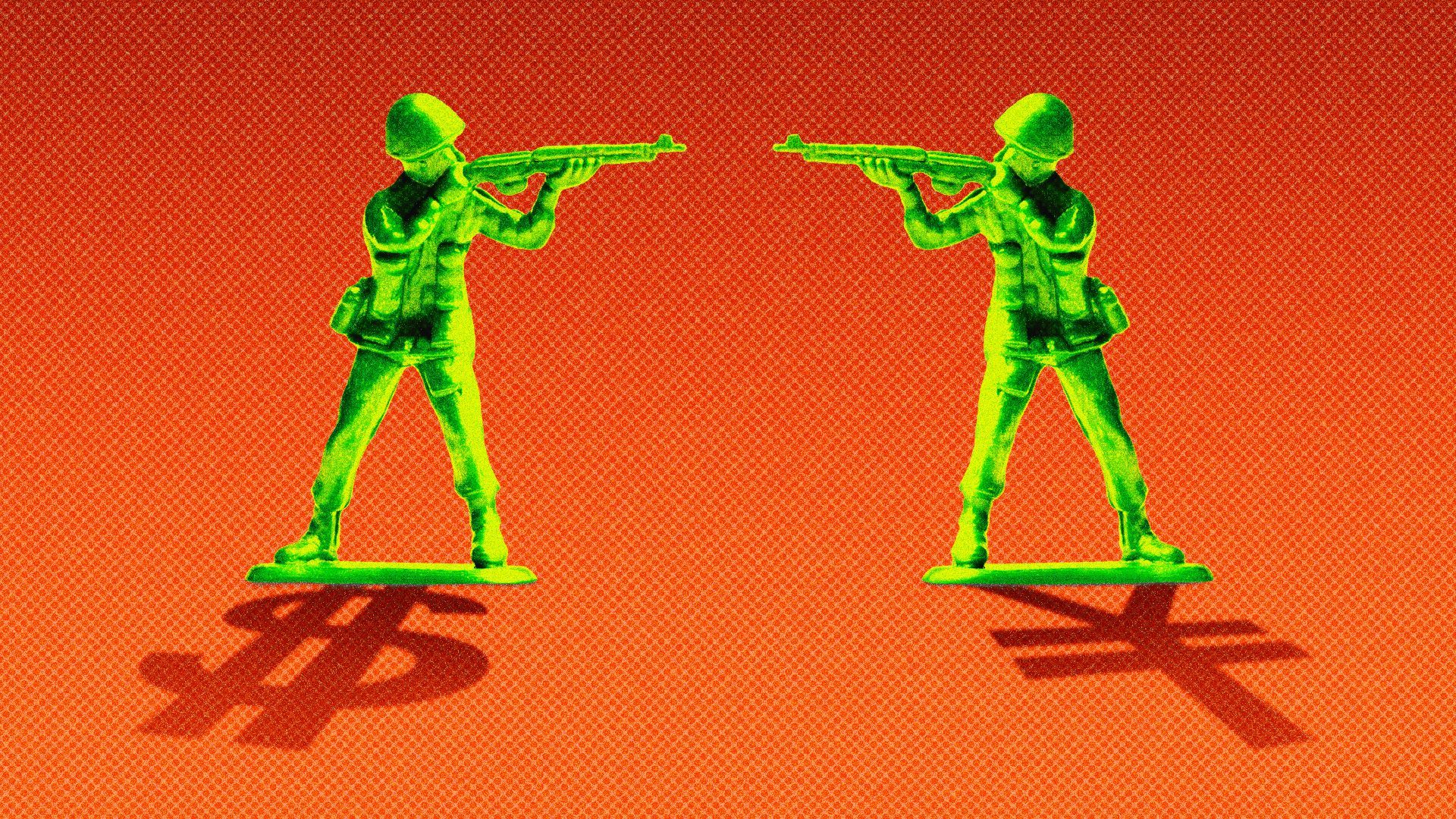 Illustration of two toy soldiers pointing guns at each other. One soldier casts a shadow in the shape of a dollar symbol while the other casts a shadow in the shape of the yuan symbol.