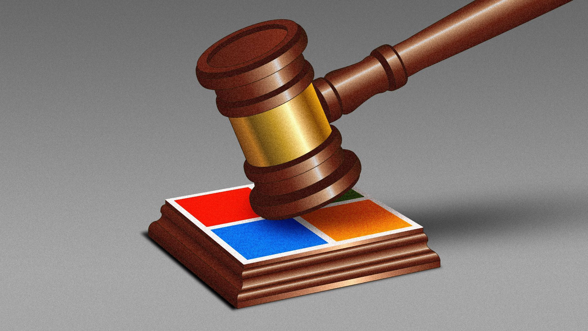 Illustration of a gavel striking a square block with the Microsoft logo.