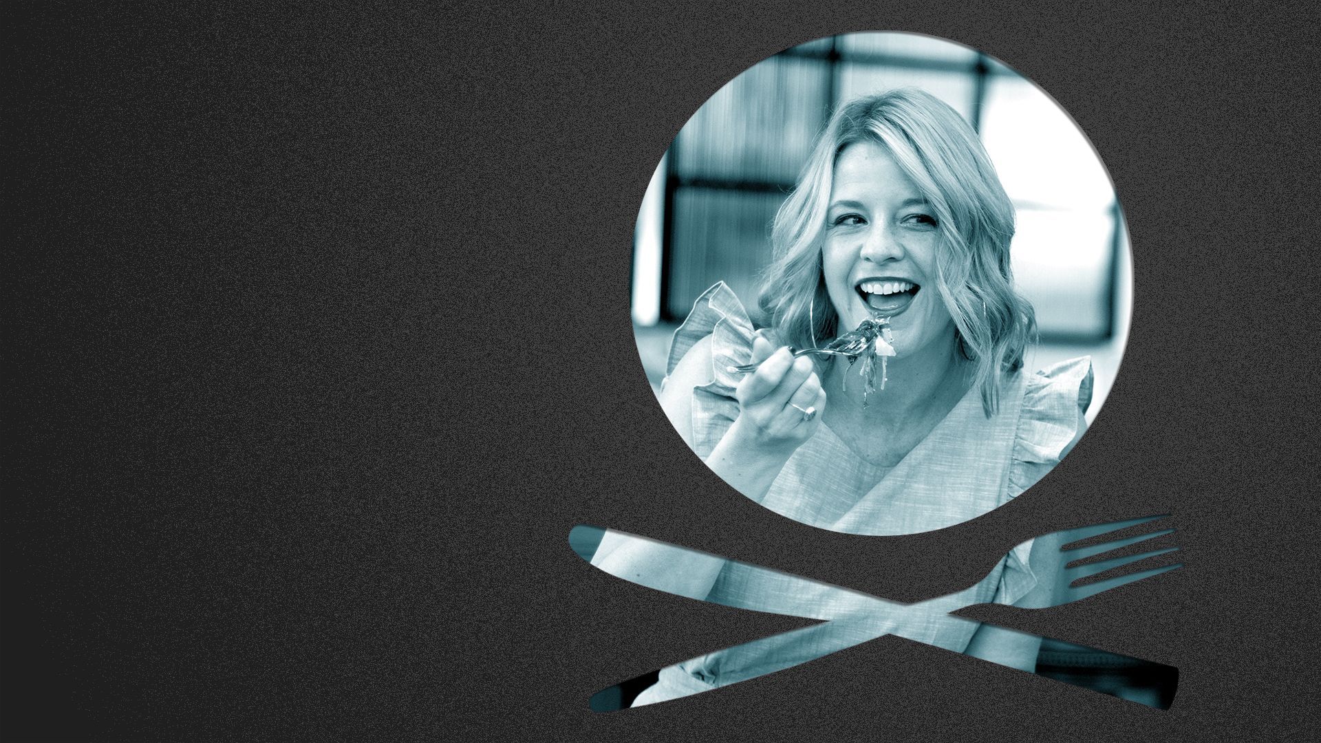 Photo illustration of a place setting shaped like a skull and crossbones containing a photo of Helen Freund.