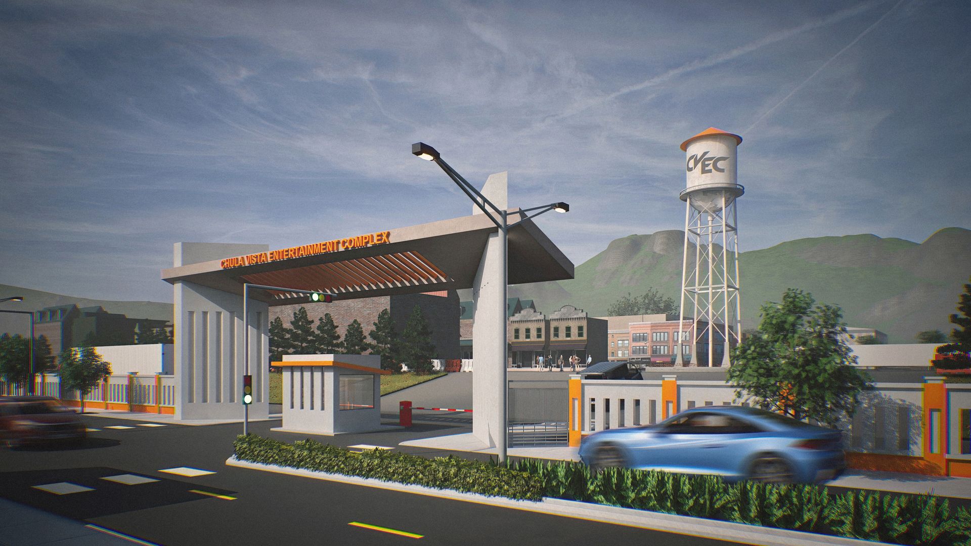 Rendering of the Chula Vista Entertainment Complex entrance: a gray gateway with orange accents, a tall CVEC water tower, street lamps, nearby buildings, cars, and trees under a blue sky.