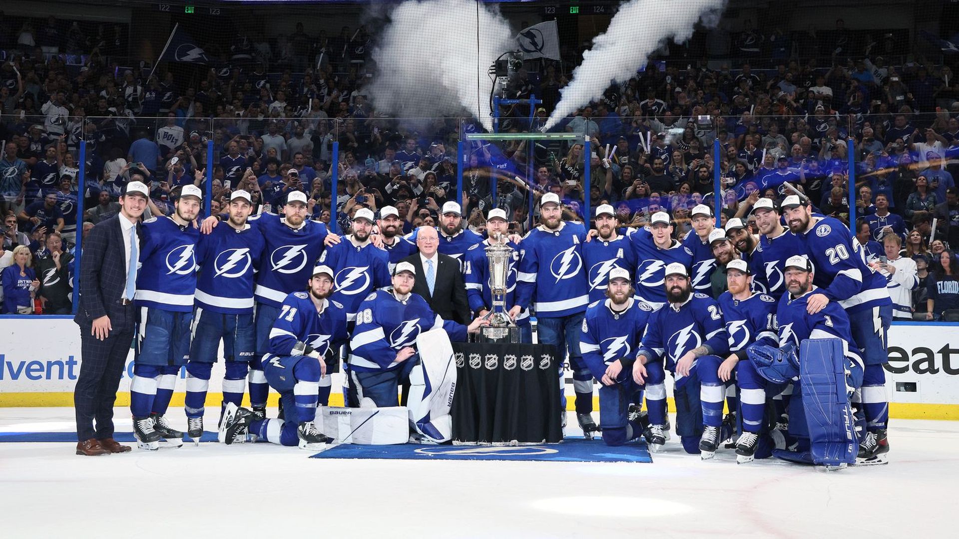 The Lightning pose with the Prince of Wales Trophy after winning the East Division Final.