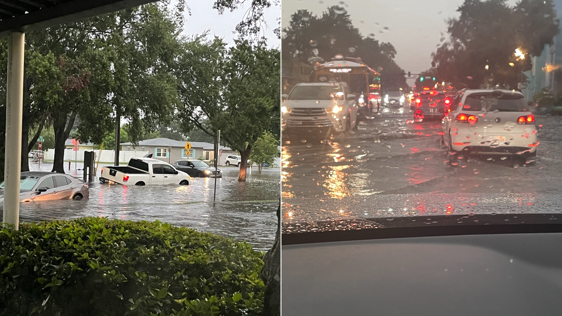 Two images side-by-side, one showing a white pickup truck caught in flooding, the other showing cars driving along a road covered in a couple inches of water