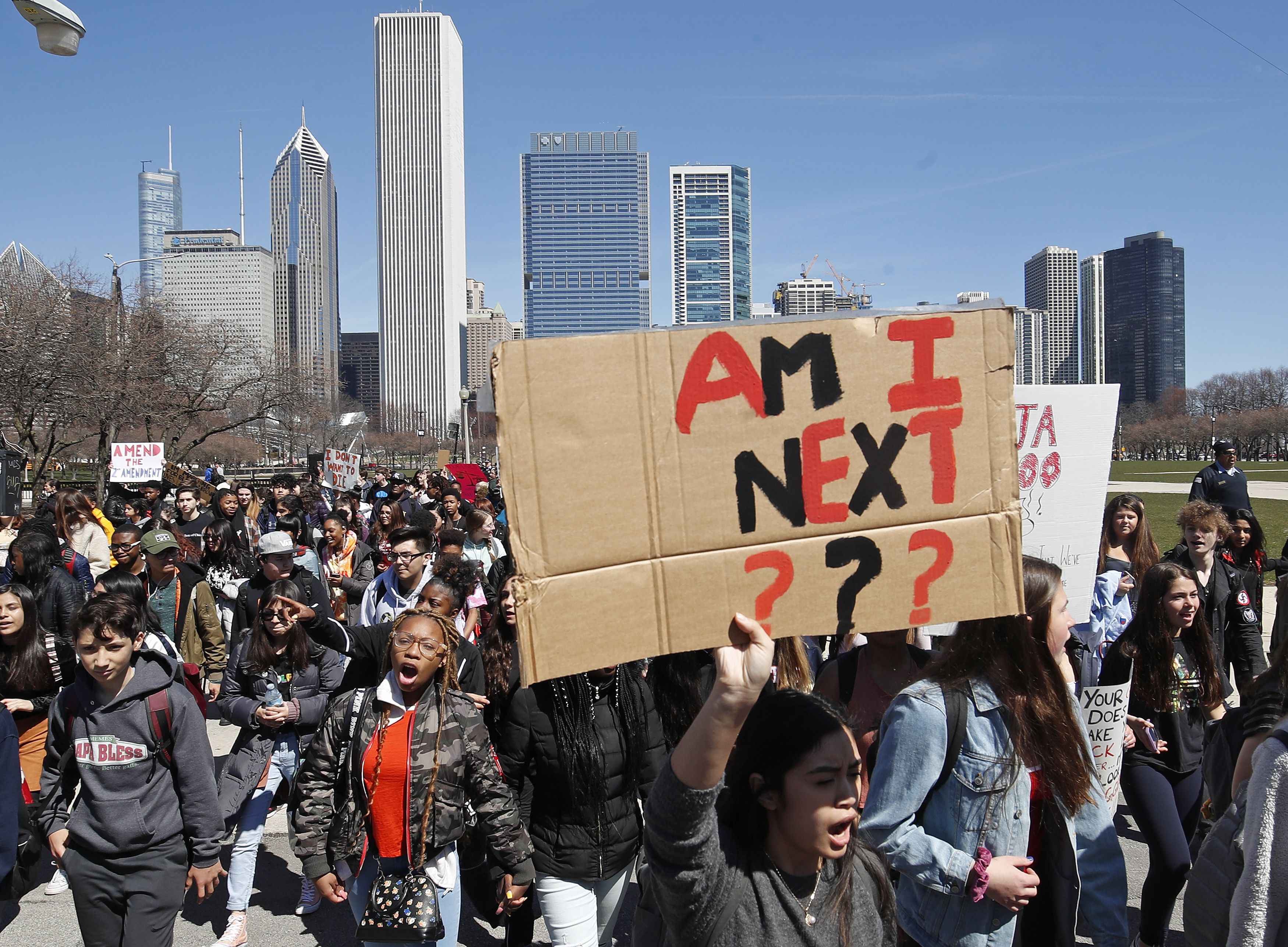 Students in Chicago participate in National School Walkout Day on April 20.