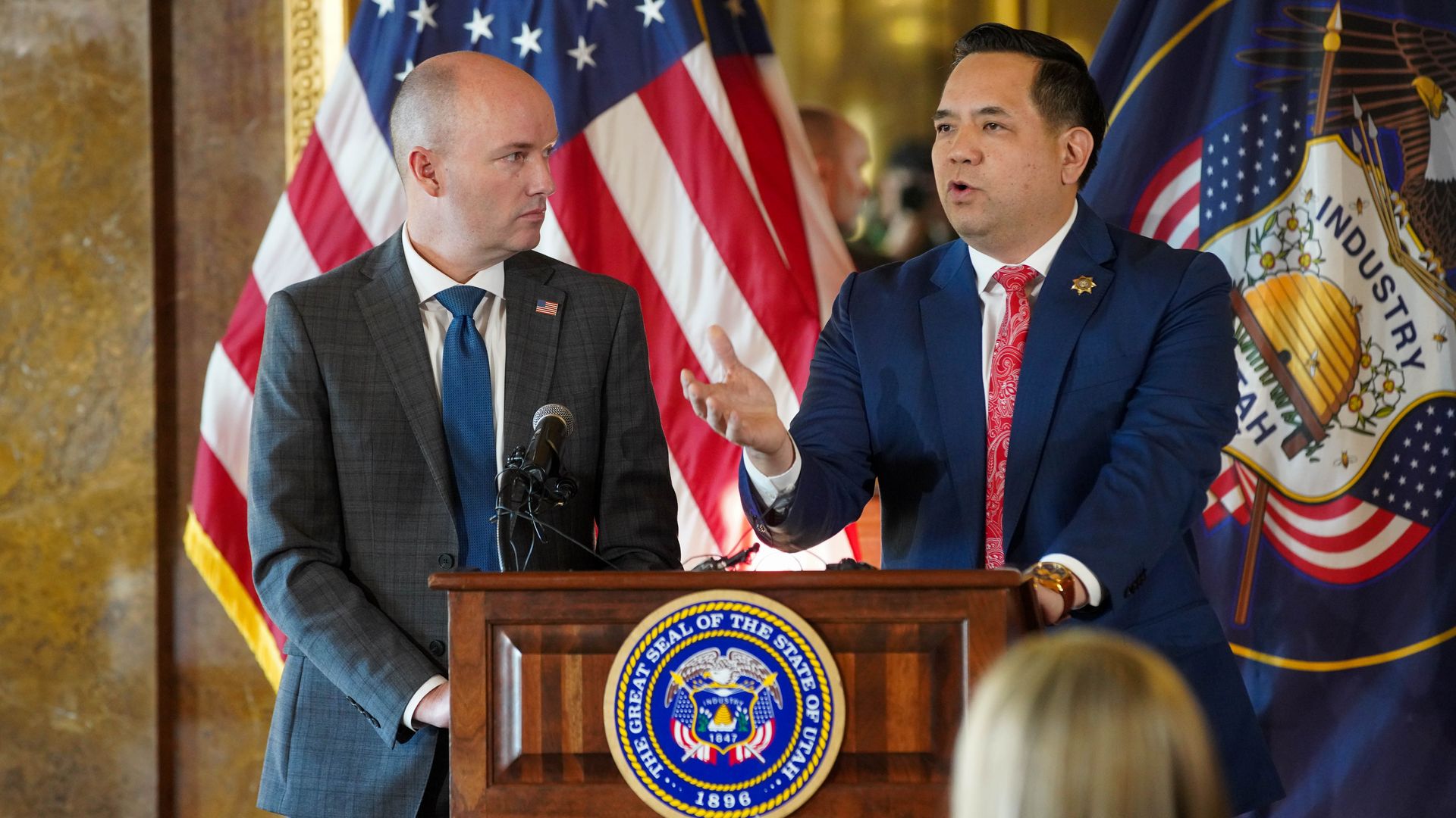 Utah Gov. Spencer Cox (left) and Attorney General Sean Reyes at the state Capitol.