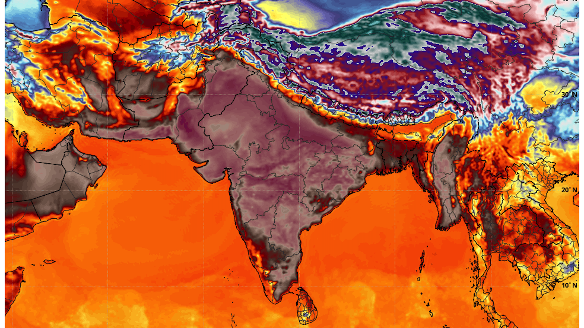 Computer model projection of high temperatures across South Asia on April 29, 2022.