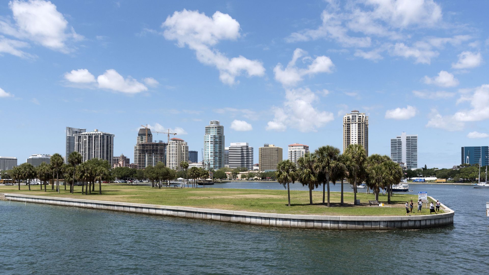A city skyline with water and a green space dotted with palm trees in the foreground.