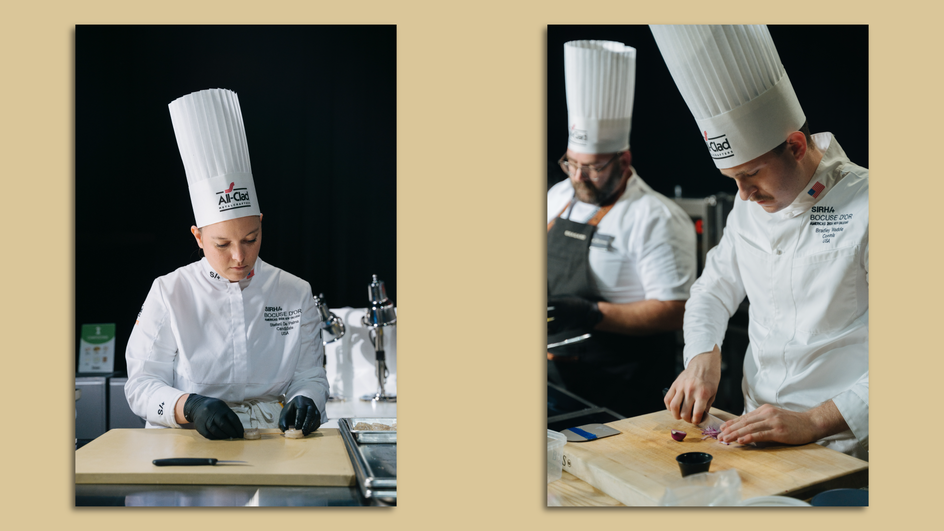 Side by side images of a chef preparing food on a cutting board.