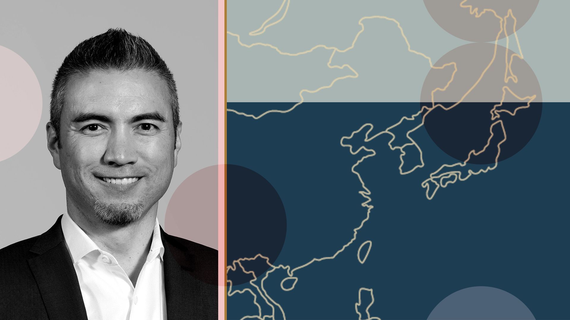 Photo illustration of Ken Horne collaged with abstract shapes and a map of Asia.