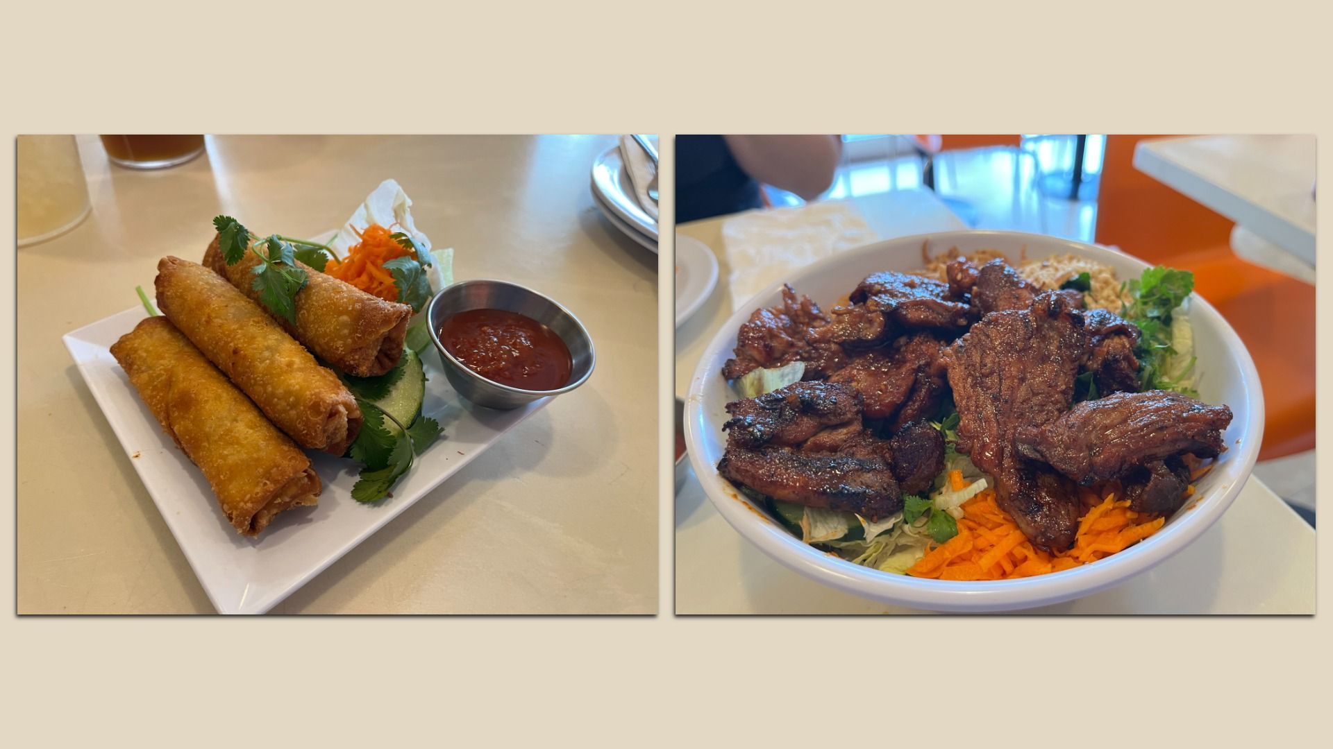 Two food photos: left shows three golden fried egg rolls with cilantro, carrot slaw, lime, and red dipping sauce; right shows a bowl of grilled beef over lettuce with shredded carrots.