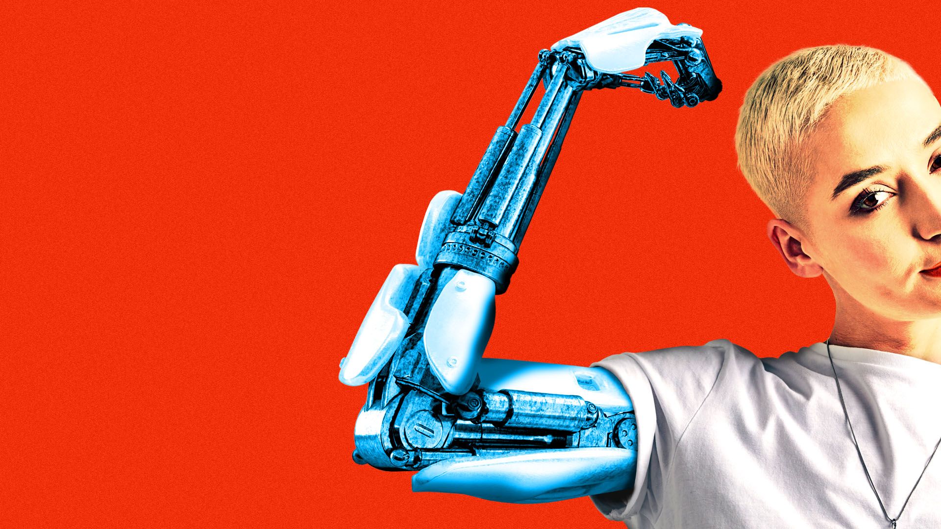 Illustration of a young woman flexing a bionic robot arm