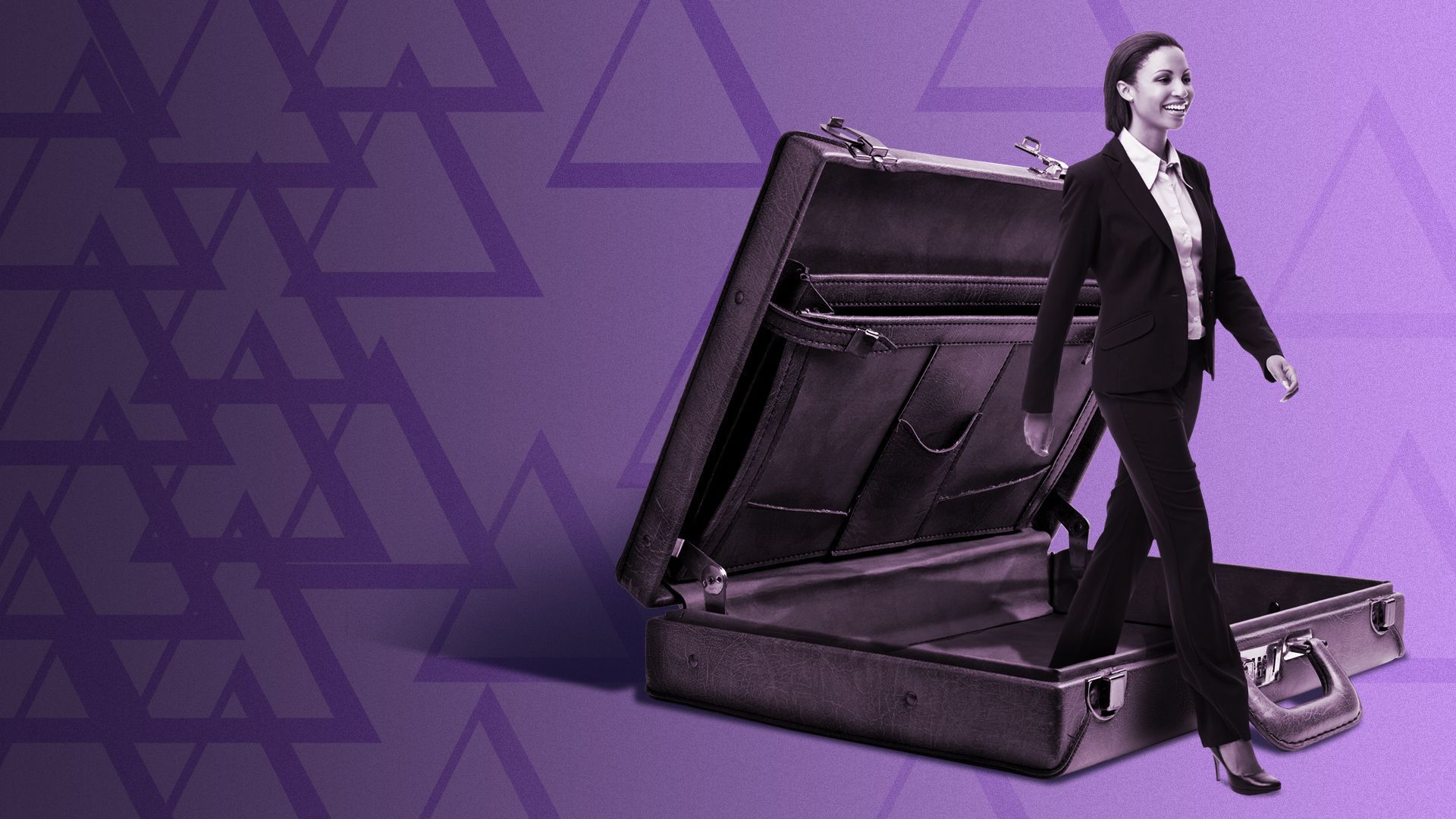 Illustration of a woman wearing pantsuit walking out of a briefcase.