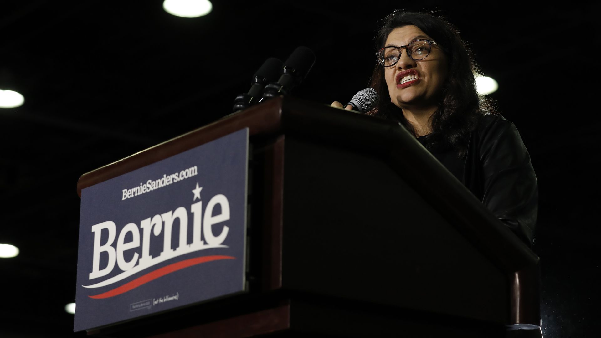 Rep. Rashida Tlaib speaks before Democratic presidential hopeful Vermont Senator Bernie Sanders addresses his supporters during a campaign rally  in Detroit, Michigan, on March 6