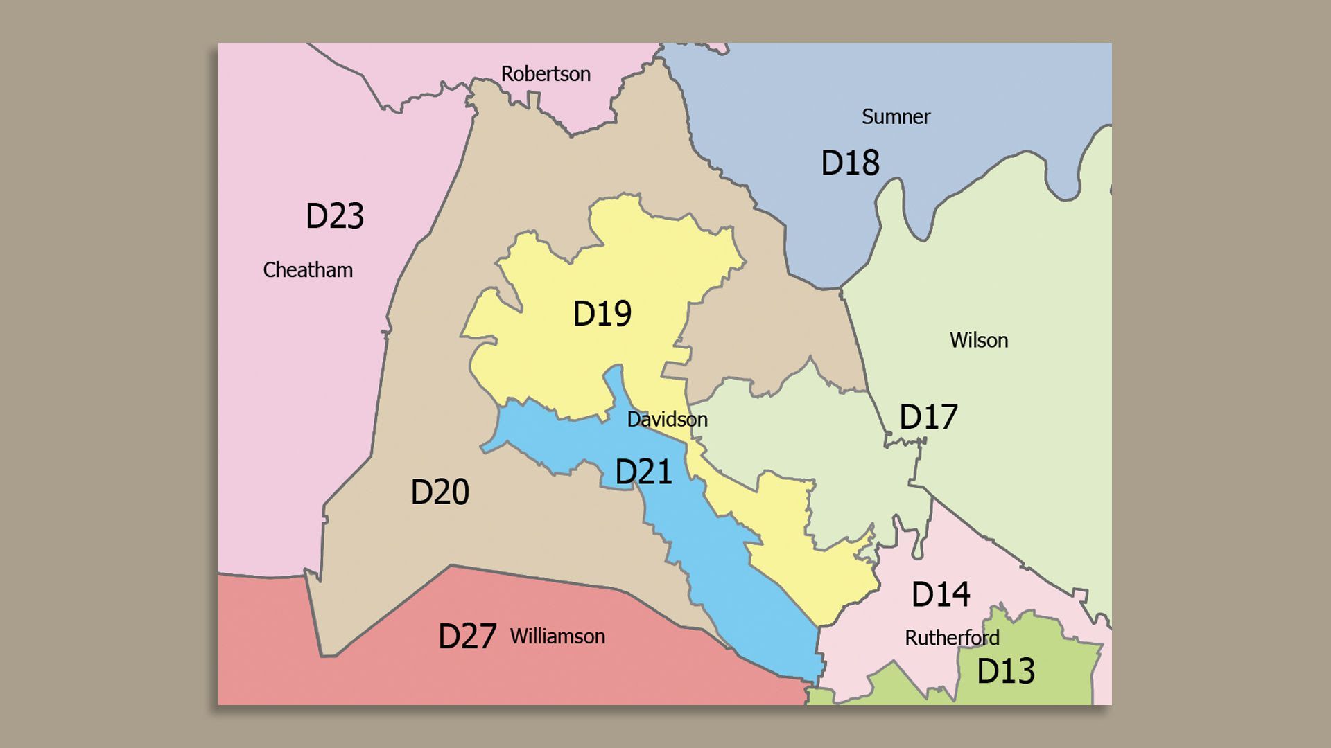 A new map of redrawn state Senate districts in Tennessee