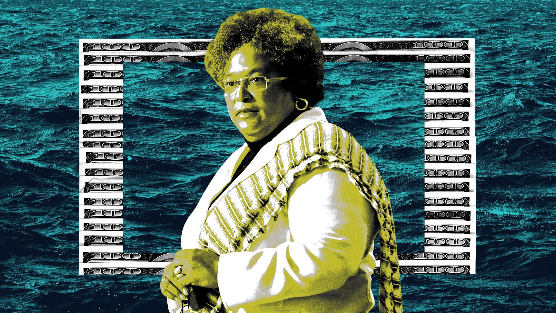 Photo illustration of Mia Mottley, Barbados Prime Minister, surrounded by a frame of money and water.