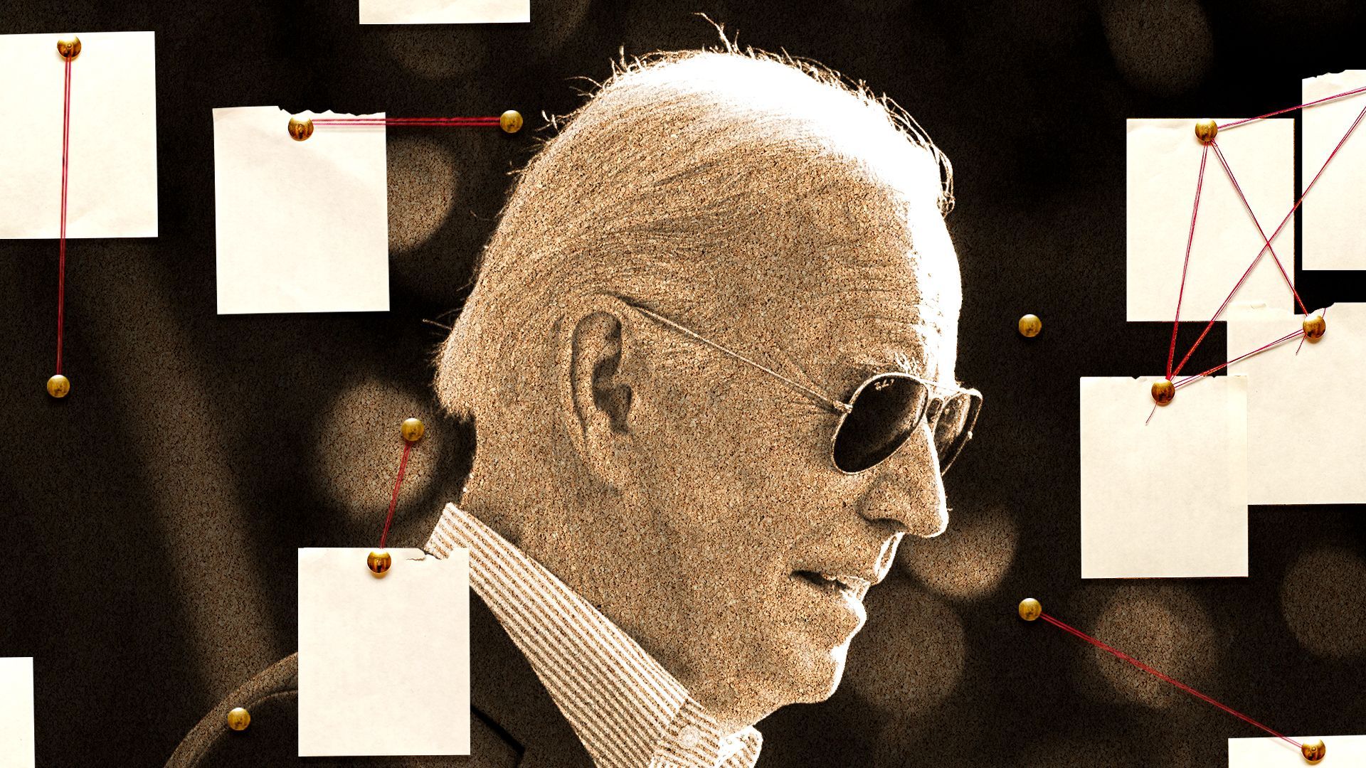 Photo illustration of Biden's face in profile overlaid on a cork board which is covered in pins and notes, resembling a detective's investigation.