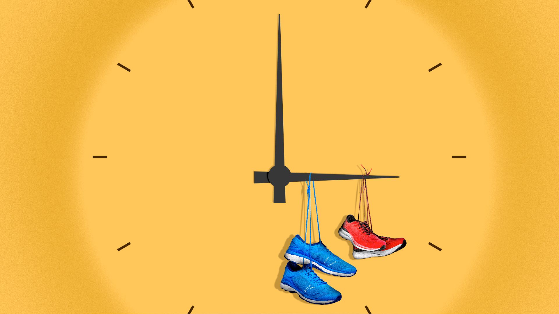 Illustration of a clock face set to 15 after the hour with two pairs of shoes hanging from the minute hand. 