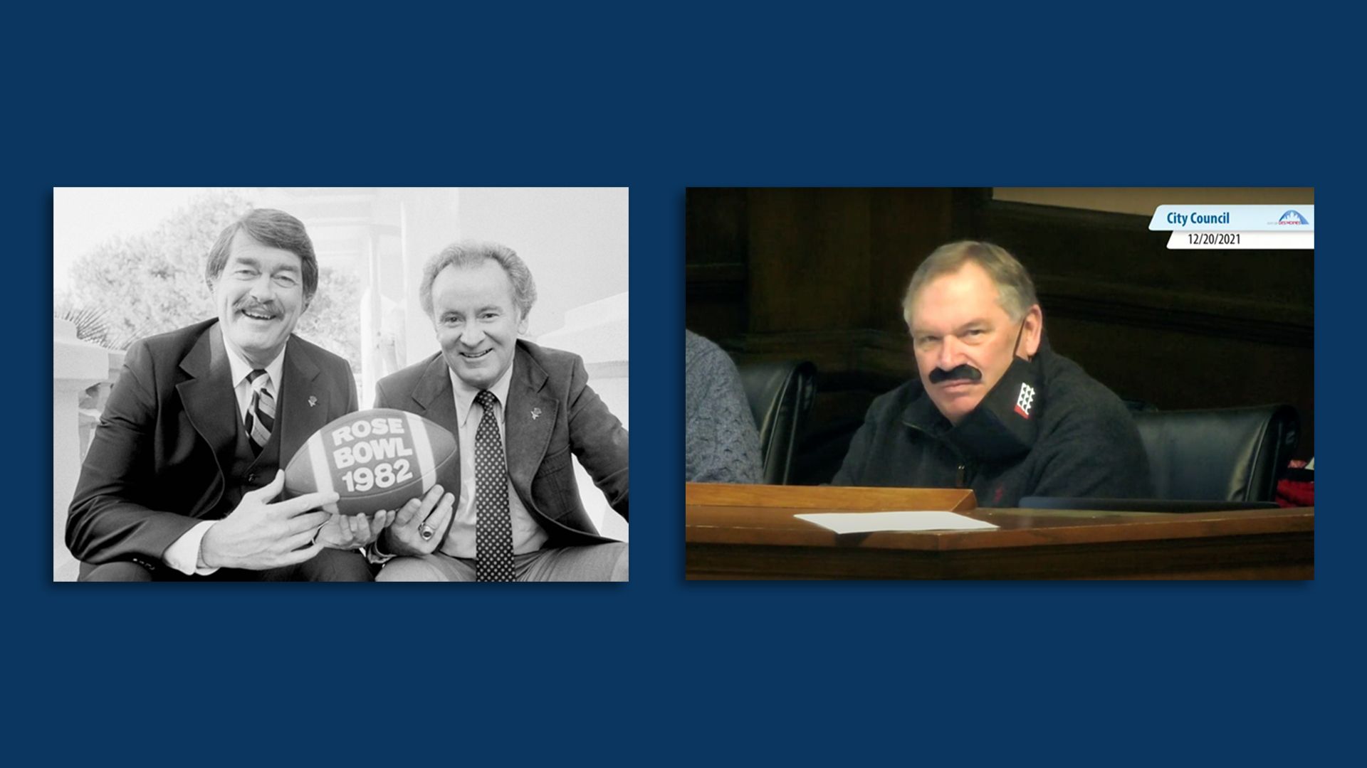 A photo of Hayden Fry and another of Des Moines City Councilperson Bill Gray.